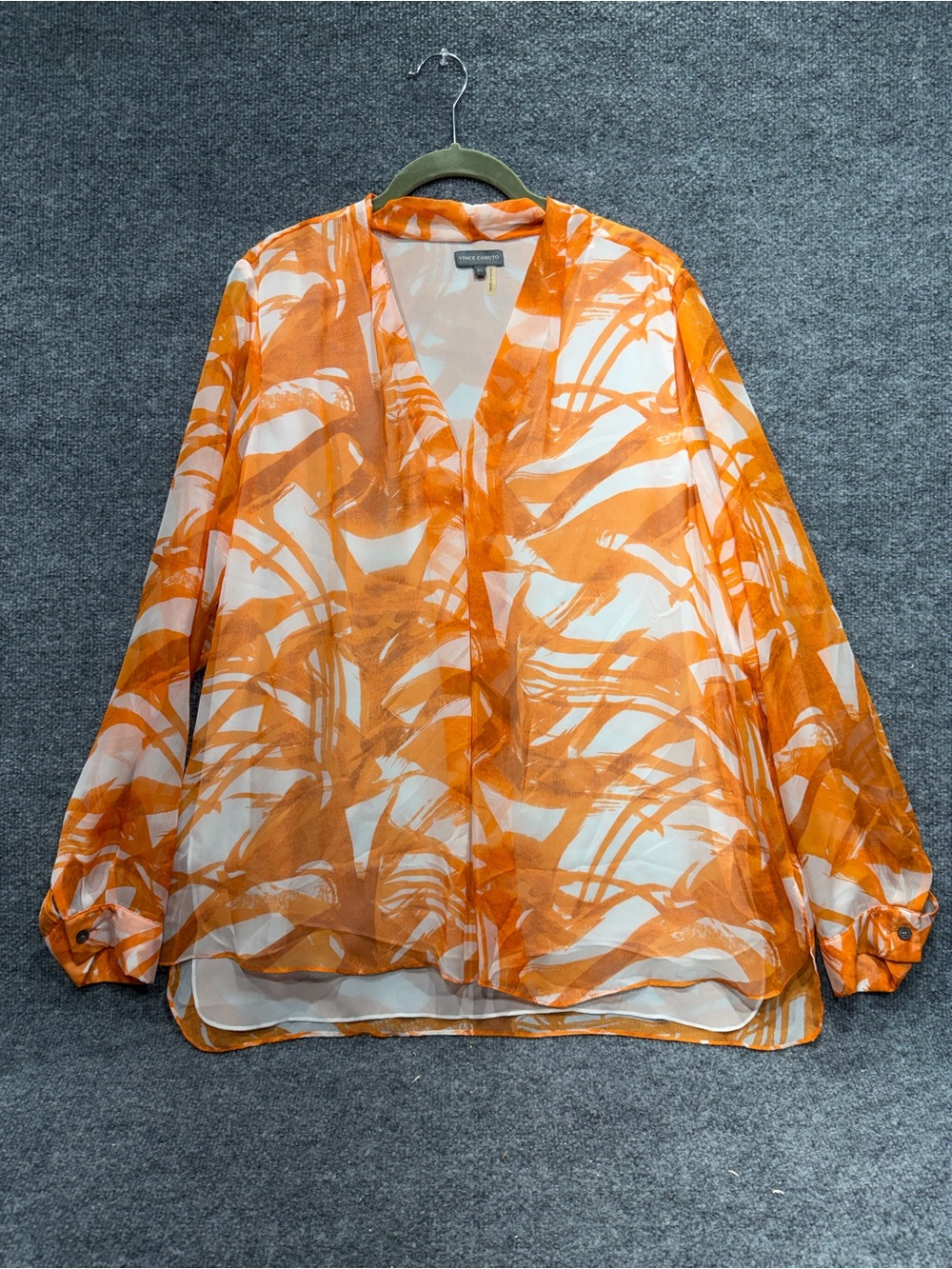 Vince Camuto White & Orange Abstract V-Neck Blouse SALE!